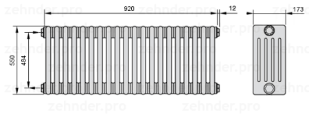 Радиатор Zehnder Charleston 5055/20  1270 1/2" RAL9016 (белый) (1820 Вт)  - КонтурТерм